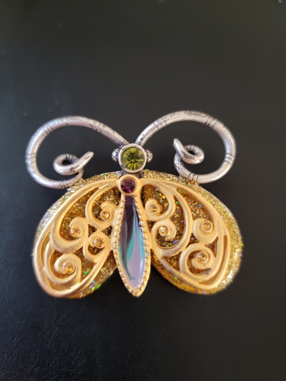 Chico's Gold-Tone Butterfly Brooch with Green and Purple Accents